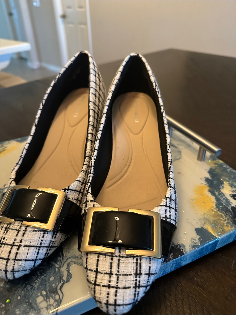 Easy Spirt Pointed Tweed Black & White Flats with Gold Buckle 9.5